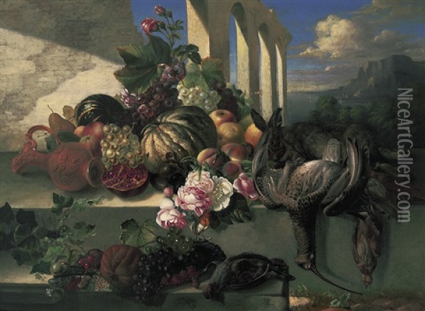 Stilleben Mit Fruchten, Erlegtem Wild Und Landschaft Oil Painting - Georgius Jacobus Johannes van Os
