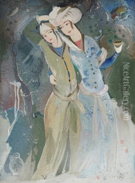 Couple Enlace, D'apres Les Fresque D'hispahan Oil Painting - Sarkis Katchadourian