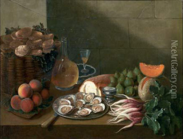 Nature Morte Aux Huitres, Melon, Fruits Et Miche De Pain Oil Painting - Nicolas Desportes