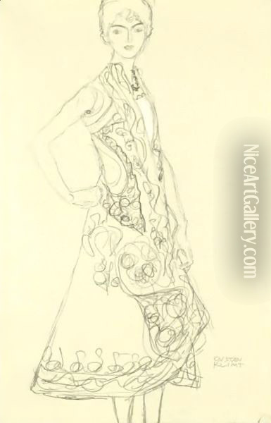 Woman In Richly Patterned Dress, Right Hand Resting On Hip Oil Painting - Gustav Klimt