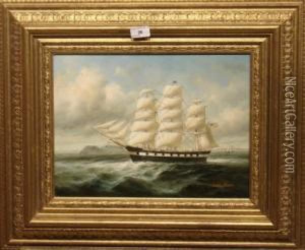 An American 3 Masted Sailing Ship Oil Painting - James Hardy