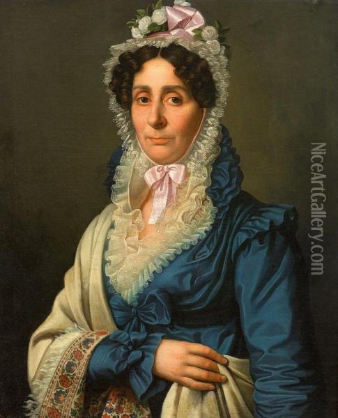 Portrait Einer Dame Mit Weiser Spitzenhaube, Blauem Taftkleid Und Beigem Umhang Oil Painting - Heinrich Christoph Kolbe