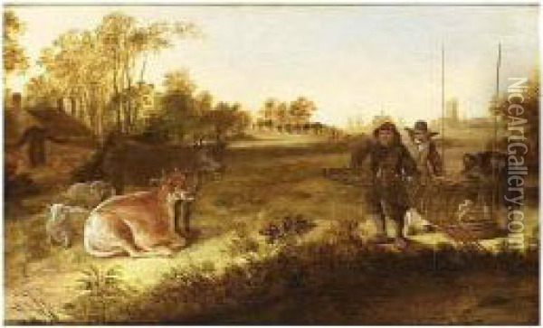 A Landscape With Fishermen Holding A Ducktrap, Cows And Sheep Nearby Oil Painting - Govert Dircksz. Camphuysen