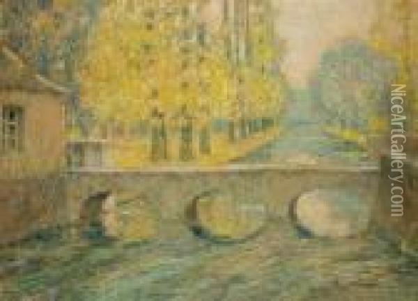 The Bridge In Autumn In Gisors Oil Painting - Henri Eugene Augustin Le Sidaner
