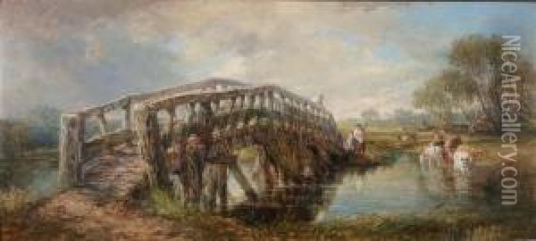 A Figure Resting On A Bridge With Cattle Watering Inthe Background Oil Painting - Frederick Henry Henshaw