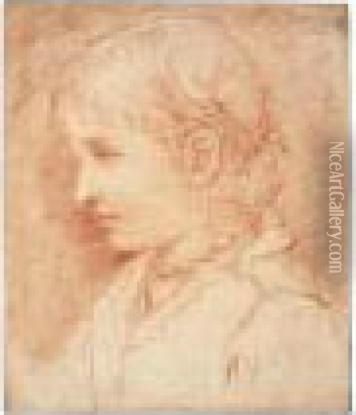 Portrait Of A Young Girl Wearing A Necklace, Seen In Profile Oil Painting - Simone Cantarini Il Pesarese