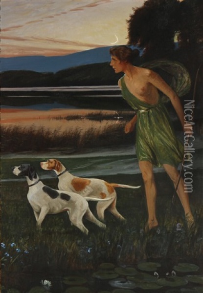 The Hunting Goddess Diana With Two Dogs Oil Painting - Harald Slott-Moller