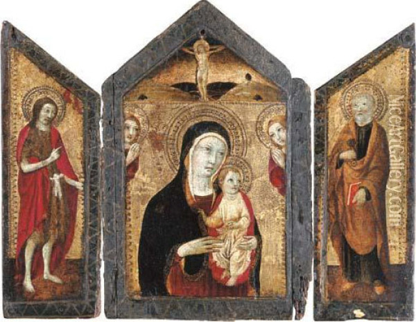 A Triptych: The Central Panel: The Madonna And Child With Twoangels And Christ On The Cross; The Wings: Saint John The Baptist;and Saint Peter Oil Painting - Ansano Mancio Di Sano Di Pietro