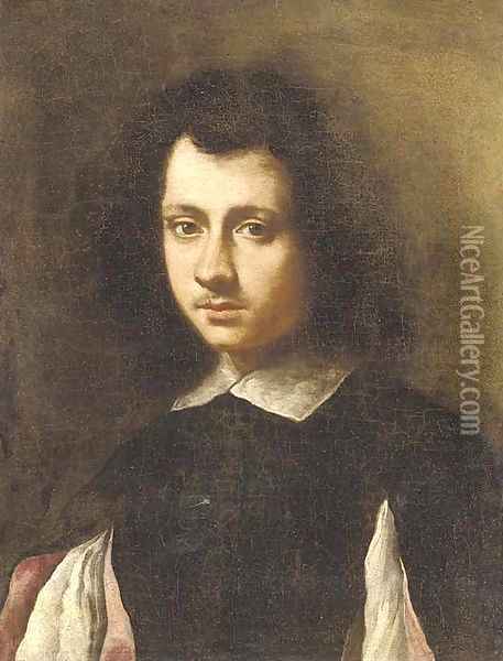 Portrait of a young man, bust-length, in a black doublet with slashed sleeves and a white collar Oil Painting - Carlo Ceresa
