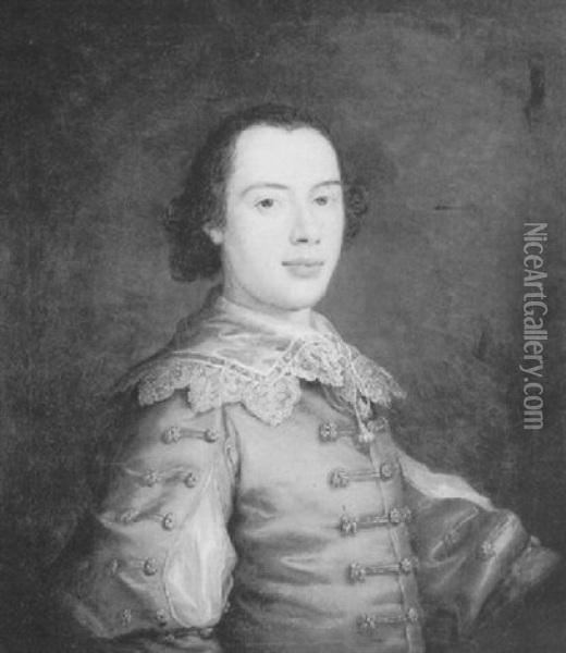 Portrait Of A Man (john Wogan?) Wearing A Blue Coat With Gold Toggles And A White Lace Collar Oil Painting - Thomas Bardwell