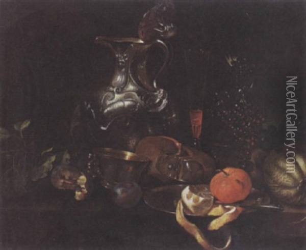 A Still Life With A Silver Jug And A Peeled Lemon On A Pewter Plate, All On A Draped Table Oil Painting - Willem Kalf