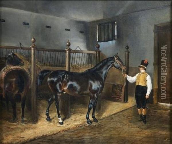Lad Presentant Un Cheval Dans Une Ecurie Oil Painting - Pierre-Francois Lehoux