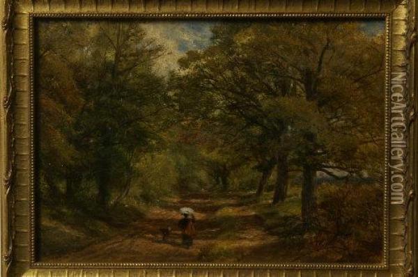 Home From Market, Figure And Sheep Dog On A Country Lane Oil Painting - George Turner