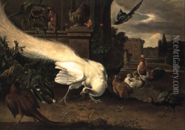 Various Birds And A Monkey In A Garden Setting Oil Painting - Melchior de Hondecoeter