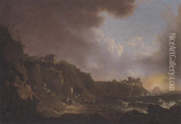 View Of Culzean Castle From The East With Ailsa Craig Beyond, Figures On The Shore Hauling A Boat Ashore Oil Painting - Alexander Nasmyth