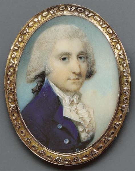 A Young Gentleman In Blue Coat With Silver Buttons, White Waistcoat And Frilled Cravat, Powdered Wig En Queue Oil Painting - George Engleheart