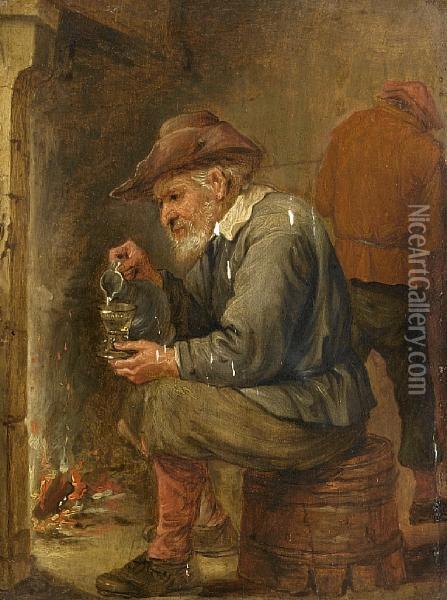 A Toper Holding A Jug And A Glass Before A Fire Oil Painting - David The Younger Teniers