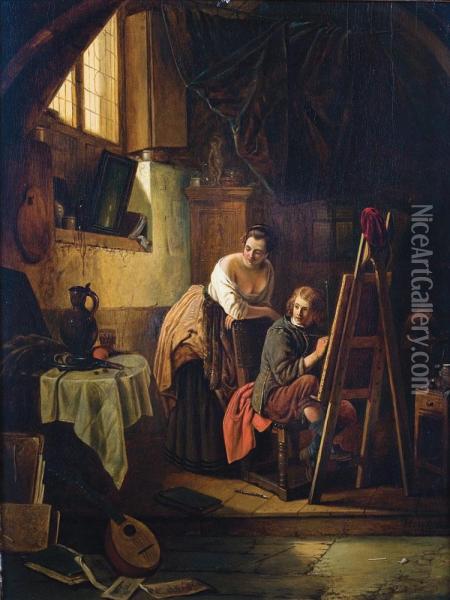 Vrouw En Schilder In Het Atelier Oil Painting - Henri Leys
