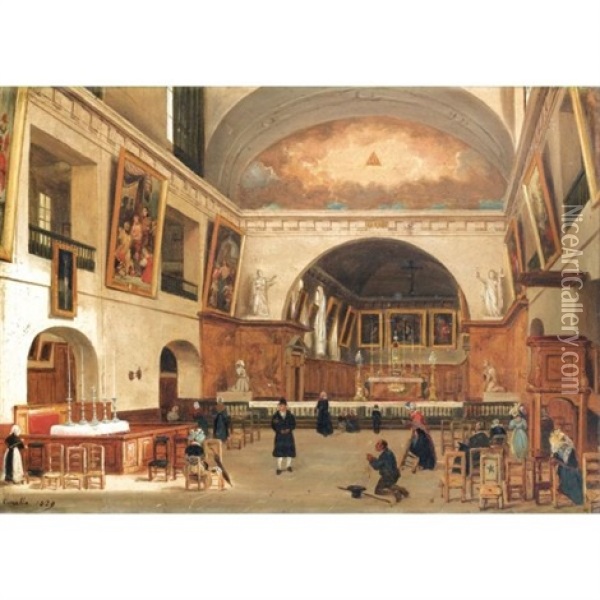 Interieur De L'eglise Saint-jean Sainte-croix A Paris Oil Painting - Giuseppe Canella I