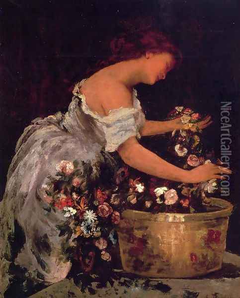 Young Girl Arranging Flowers Oil Painting - Jehan Georges Vibert