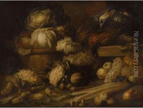 L'automne: Nature Morte Aux Choux, Celeris, Raisins Et Gibier Oil Painting - Pieter Van Boucle