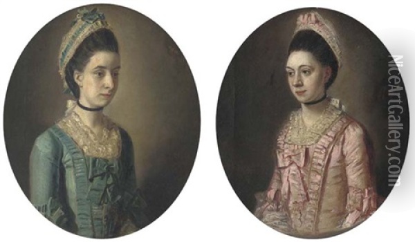 Portrait Of A Lady, Small Half-length, In A Pink Dress (+ Portrait Of A Lady, Small Half-length, In A Blue Dress, In A Painted Oval; Pair) Oil Painting - John Downman