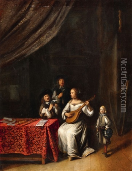 A Couple Playing Music Oil Painting - Gillis van Tilborgh