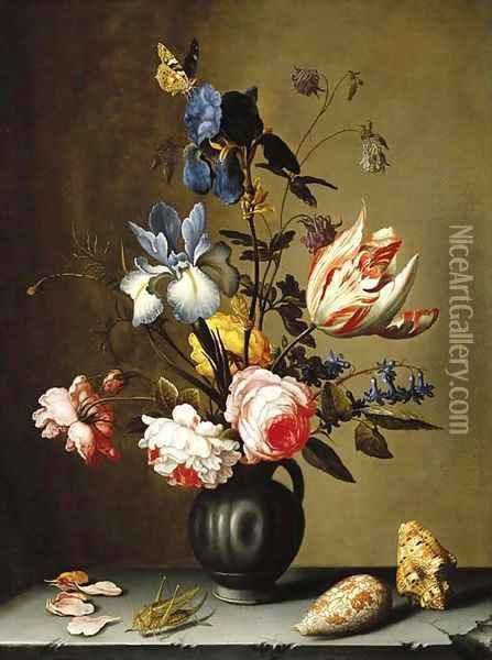 Irises, roses, columbine, hyacinth and a tulip in a black pottery pitcher, with seashells and a grasshopper on a stone ledge Oil Painting - Balthasar Van Der Ast
