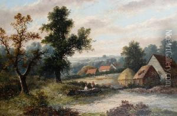 Figures In A Rural Landscape Oil Painting - W. Yates