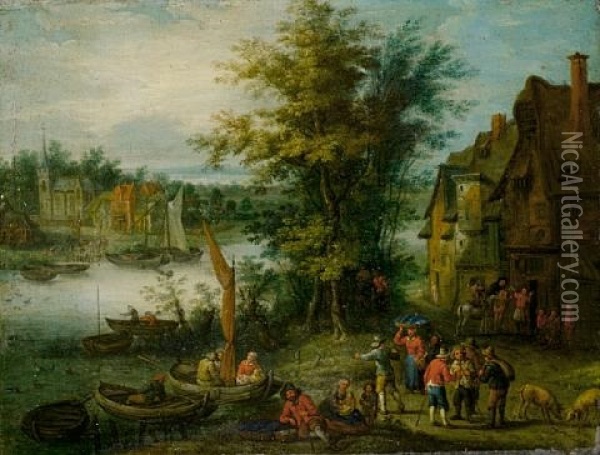 Peasants Crossing A River On Barges, Before An Open Landscape Oil Painting - Karel Beschey