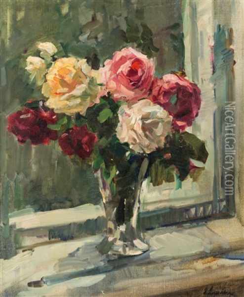 Roses By The Window Oil Painting - Georgi Alexandrovich Lapchine