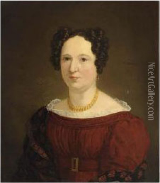 Portrait Of A Lady Wearing A Red Dress With A Lace Collar Oil Painting - Nicholas Pieneman
