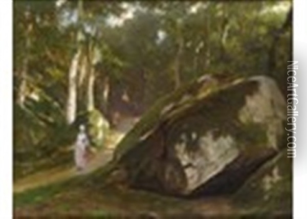 Elegant Lady In A Sunlit Forest Oil Painting - Eugene Pierre Francois Giraud