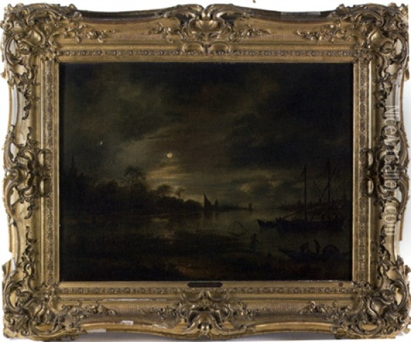 Paysage D'estuaire Au Clair De Lune Oil Painting - Aert van der Neer