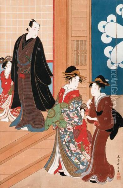Courtesan Arriving To Meet Her Client At A Teahouse Oil Painting - Torii Ii Kiyomasu