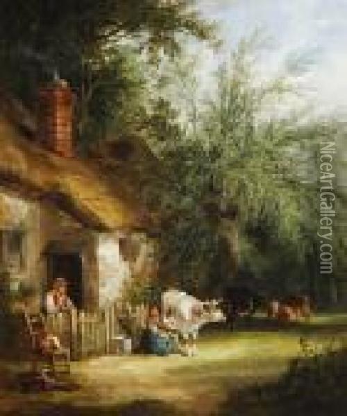 A Peasant Family Outside A Woodland Cottage Oil Painting - Snr William Shayer