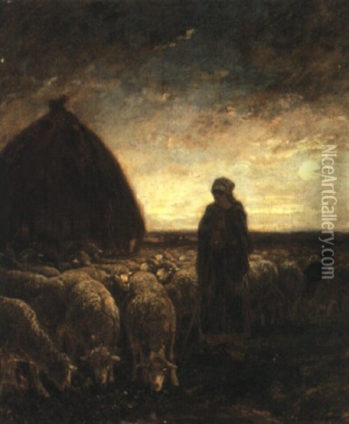 A Shepherdess Watching Her Flock By Night Oil Painting - Charles Emile Jacque