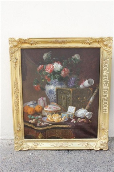 Composition Au Bouquet Dans Un Vase Chinois, Confiseries, Fruits Et Perles Sur Une Table En Marqueterie Boulle Oil Painting - Emile Gustave Couder