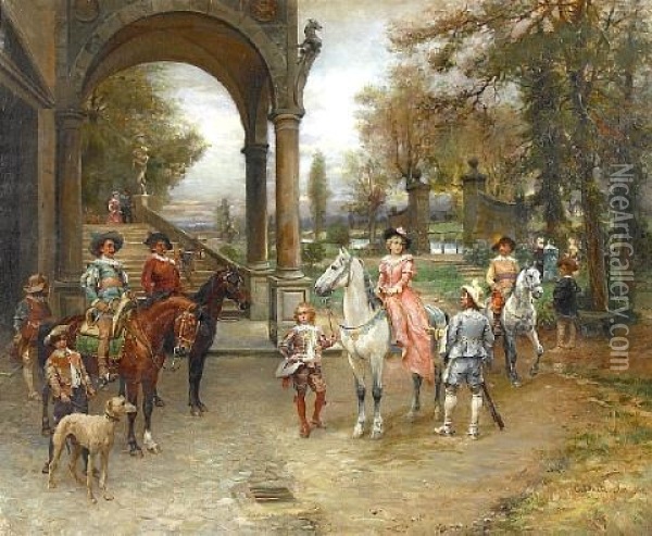 Elegant Figures Being Announced In A Courtyard Oil Painting - Cesare Auguste Detti
