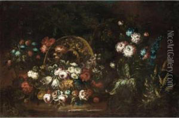 Still Life With Various Flowers Together With A Bronze Urn In A Landscape Oil Painting - Margherita Caffi