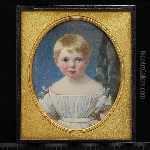 A Child, Wearing Low-cut White Dress With Small Green Bows At The Shoulders, Green Curtain Background (artist's Joins) (hairline Crack). Oil Painting - Annie Dixon
