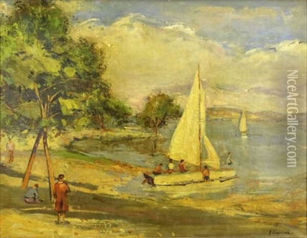 Harbor Scene With Sailboats Oil Painting - Georgi Alexandrovich Lapchine