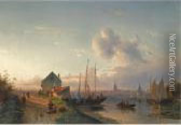 A View Of A Dutch Harbour At Dawn Oil Painting - Charles Henri Leickert