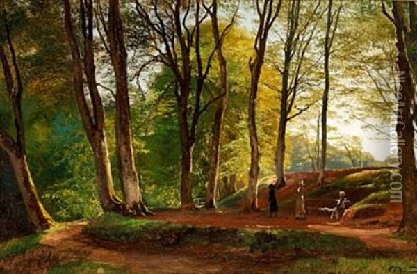 Summer Day In Saeby Skov With Three Young Ladies Strolling Oil Painting - Carl Frederik Peder Aagaard