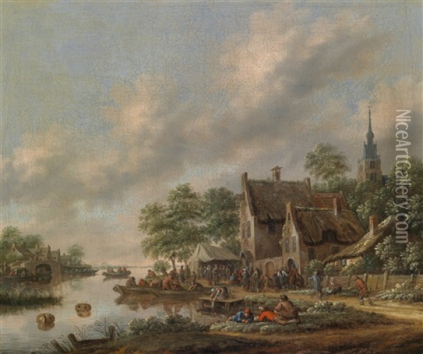 Flusslandschaft Mit Einem Am Ufer Stattfindenden Dorffest Oil Painting - Thomas Heeremans