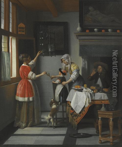 Interior With A Child Feeding A Parrot Oil Painting - Pieter De Hooch