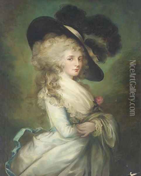 Portrait of Georgiana, Duchess of Devonshire (1757-1806), three-quarter-length, in a pale blue dress and black hat Oil Painting - Thomas Gainsborough