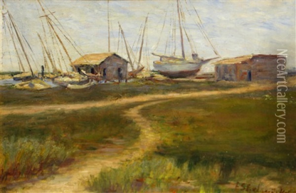 The Boat Yard, Thought To Be The Oakland Estuary Oil Painting - Frances Slater Gelwicks