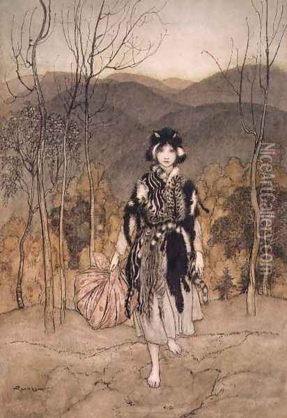 She Went Along, and Went Along, and Went Along Catskin, illustration from English Fairy Tales, retold by F.A Steel, 1918 Oil Painting - Arthur Rackham