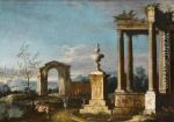 An Italianate Landscape With A Traveller On Horseback Before The Ruins Of A Temple Oil Painting - Apollonio Domenichini